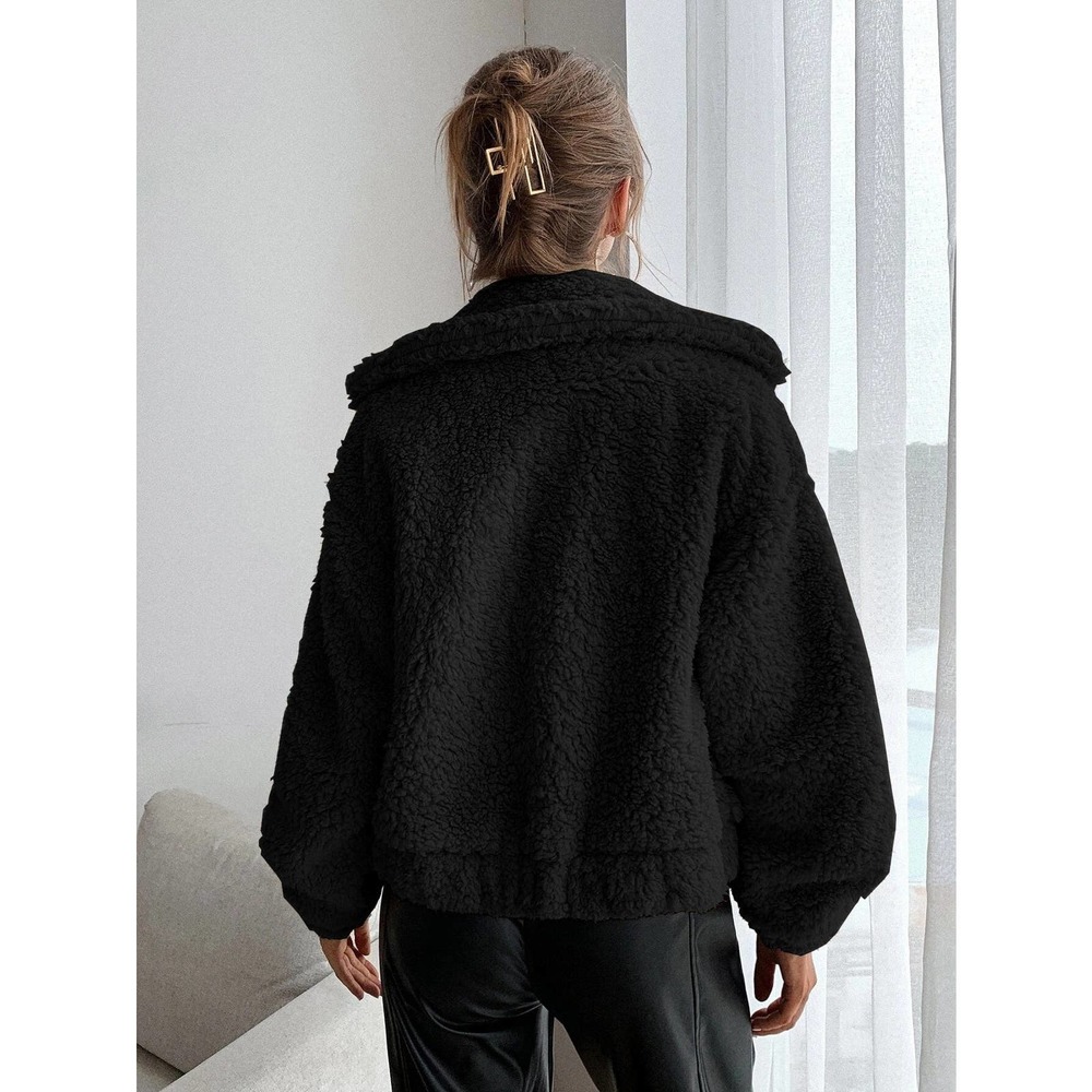 Zip Up Drop Shoulder Fleece faux fur fuzzy teddy Jacket tan camel - Picture 7 of 9